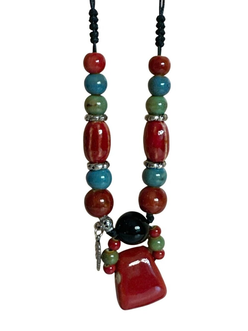 Multicolor Ceramic Beaded Pendant Necklace Red Charm Adjustable Boho Career